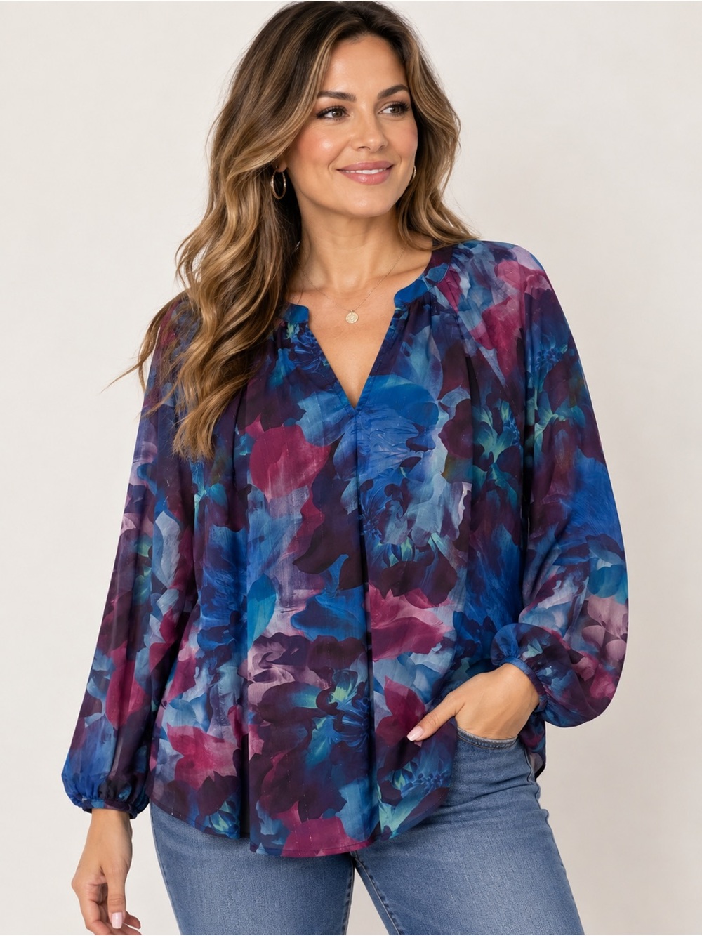 torrid Blue & Plum Watercolor Floral V-Neck Blouse